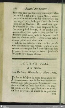 Lettre CCLIX. A la même. Aux Rochers, Dimanche 15. Mars, 1676