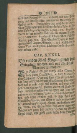 Cap. XXXIII. Die runden Glaß-Kugeln gleich den Spiegeln zu machen / und mit allerhand Marmor zu mahlen
