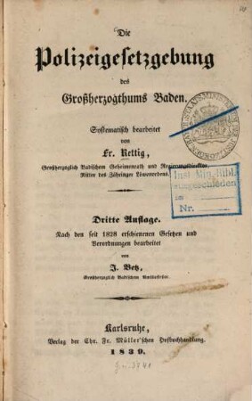 Die Polizeigesetzgebung des Großherzogthums Baden