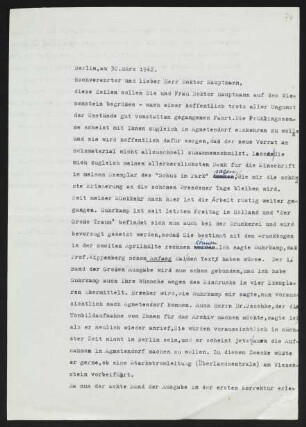 Brief von Carl F. W. Behl an Gerhart Hauptmann