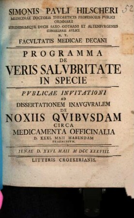 Programma de veris salubritate in genere