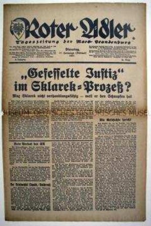 Regionale NSDAP-Tageszeitung "Roter Adler" zum "Sklarek-Prozeß"