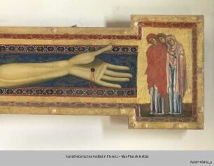 Kruzifix mit Passionsszenen : Rechter Kreuzarm: Die drei trauernden Marien