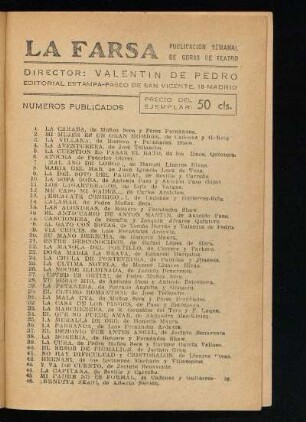 La Farsa. Publicación semanal de obras de teatro : Números publicados