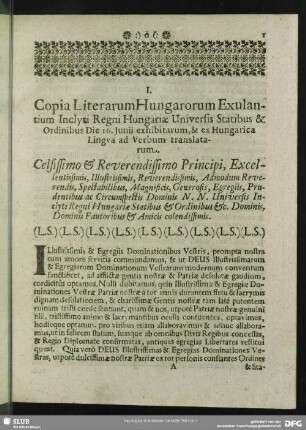 I. Literae Hungarorum Exulantium, universis Statibus & Ordinibus exhibitae 14. Iunii 1681