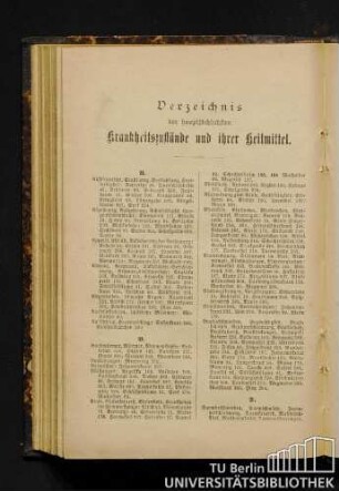 Verzeichnis der hauptsächlichsten Krankheitszustände und ihrer Heilmittel.