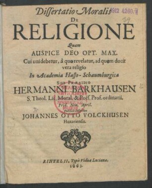 Dissertatio Moralis De Religione