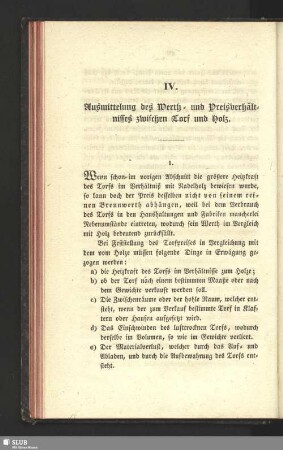 IV. Ausmittelung des Werth- und Preisverhältnisses zwischen Torf und Holz