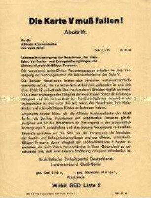 Propagandaflugblatt der SED zur Forderung nach höheren Lebensmittelrationen für Hausfrauen und Rentner