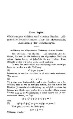 Erstes Kapitel. Gleichungen dritten und vierten Grades. Allgemeine Betrachtungen über die algebraische Auflösung der Gleichungen.