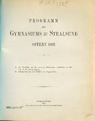 Programm des Gymnasiums zu Stralsund : Ostern .... 1891/92