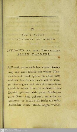 IV. Den 4. Aprill. Dienstpflicht Von Iffland. Iffland In Der Rolle Des Alten Dalners