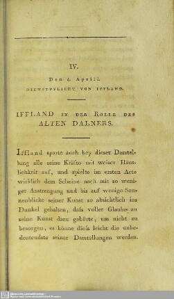 IV. Den 4. Aprill. Dienstpflicht Von Iffland. Iffland In Der Rolle Des Alten Dalners