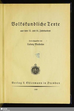 Volkskundliche Texte aus dem 15. und 16. Jahrhundert