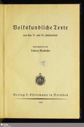Volkskundliche Texte aus dem 15. und 16. Jahrhundert