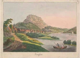 Die Stadt und die Festung Königstein in der Sächsischen Schweiz vom Elbufer im Osten