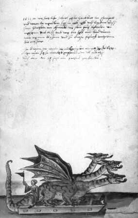 Schembarthandschrift (Texte und Bilder zum Nürnberger Fastnachtswesen) — Bildseite: Dreiköpfiger Drache (Umzugswagen Anno 1511)