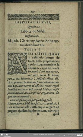 Disputatio XVII. Opposita Libb.2. de Missâ
