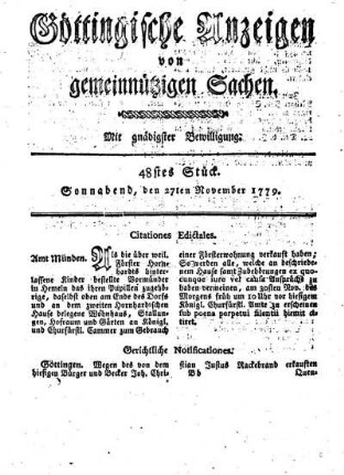 48tes Stück. Sonnabend, den 27ten November 1779.