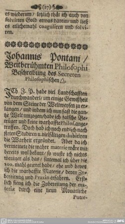 Johannis Pontani/Weitberühmten Philosophi Beschreibung des Secreten Philosophischen [.].
