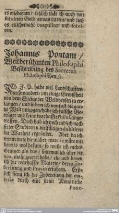 Johannis Pontani/Weitberühmten Philosophi Beschreibung des Secreten Philosophischen [.].
