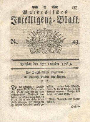 No. 43, Dinstag den 27ten October 1789