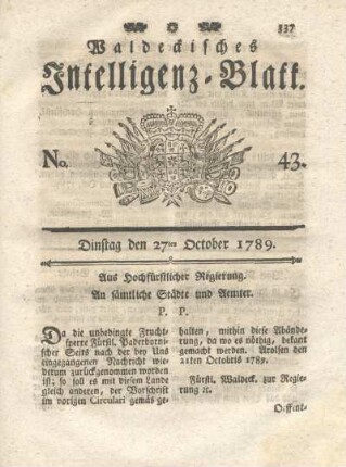 No. 43, Dinstag den 27ten October 1789