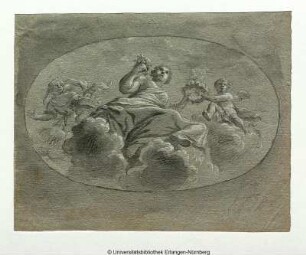 Eine Frau auf Wolken mit Blumen in den Händen, von unten gesehen