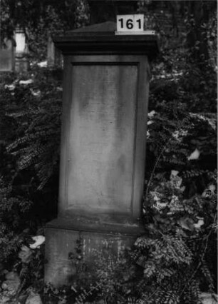 Grabstein 161 (Index: 100090953) Material: Sandstein Zustand: leicht verwittert Maße HxBxT: 165x61x31 cm Beschreibung: Stele auf Sockel mit abgesetztem Dreiecksgiebel: Grabstein 161