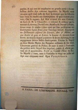 Arrest Du Conseil d'État Du Roi, Qui ordonne aux Libraires y dénommés, de rendre la somme de soixante-douze livres à ceux qui ont souscrit pour le Dictionnaire des Sciences, Du 21 Juillet 1759 : Extrait des Registres du Conseil d'État