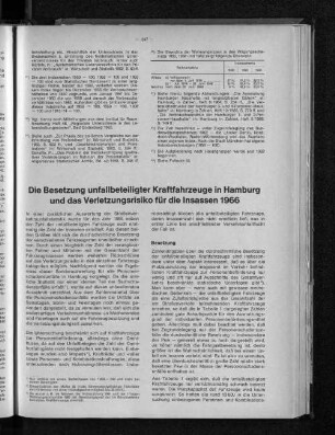 Die Besetzung unfallbeteiligter Kraftfahrzeuge in Hamburg und das Verletzungsrisiko für die Insassen 1966