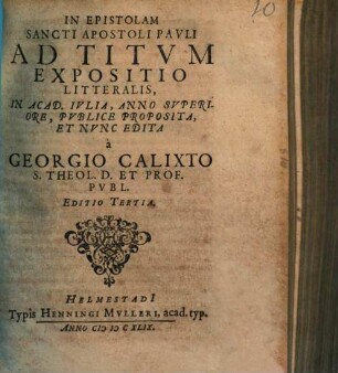 In Epistolam Sancti Apostoli Pavli Ad Titvm Expositio Litteralis