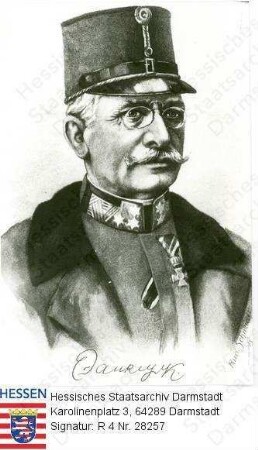Dankl, Viktor Freiherr v. (1854-1941) / Porträt in Uniform, linksgewandtes u. -blickendes Brustbild mit faks. Unterschrift