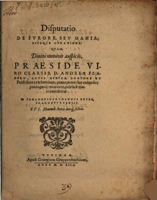Disputatio de Fvrore, Sev Mania, Eivsqve cvratione