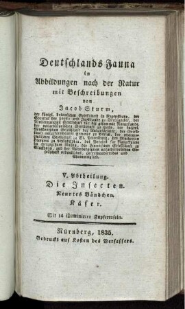 Abth. 5, Bdch. 9: Deutschlands Fauna in Abbildungen nach der Natur mit Beschreibungen. Abth. 5. Deutschlands Insecten. Bdch. 9