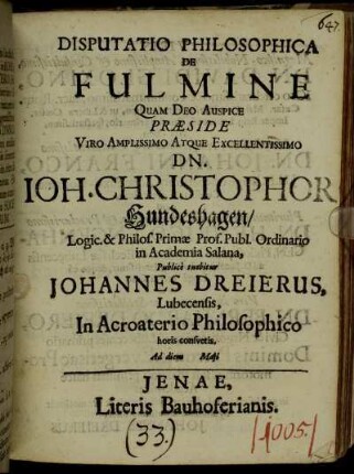 Disputatio Philosophica De Fulmine