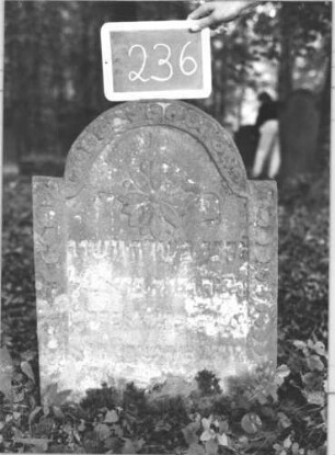 Grabstein 236 (Index: 99894700) Material: Sandstein Zustand: verwittert und bewachsen Maße HxBxT: 78x58x8 cm Beschreibung: Stele mit eingezogenem Rundbogenabschluss Symbolik: Blüte, Schuppenmuster, Ringmuster: Grabstein 236