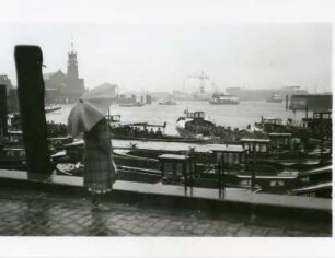 Hamburg. Fähranleger am Bauwall. Im Hintergrund die Silhouette des Hamburgr Hafens
