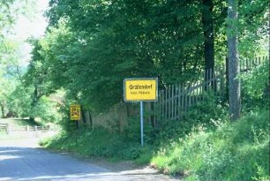 abschüssige Straße mit Ortsschild