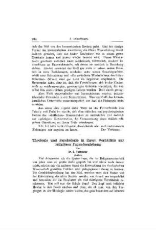 Theologie und Psychologie in ihrem Verhältnis zur religiösen Jugenderziehung