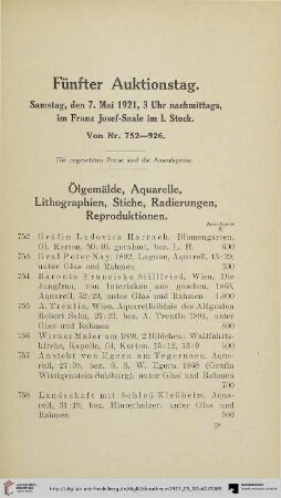 Ölgemälde, Aquarelle, Pastelle, Lithographien, Stiche, Radierungen, Reproduktionen (Nr. 752-791)