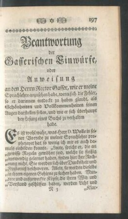 III. Beantwortung. Beantwortung der Basserischen Einwürfe oder Anweisung