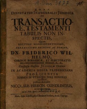 Disputatio inauguralis iuridica de transactione testamenti tabulis non inspectis