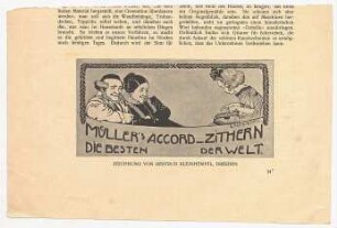 Werbeanzeige in Zeitschrift für Müllers Accord-Zithern : Ein älteres Paar beobachtet ein Mädchen beim spielen einer Zither, darunter Informationen zur Herstellerfirma des Instruments; Werbung in einer Zeitung abgedruckt mit Bildunterschrift der Gestalterin