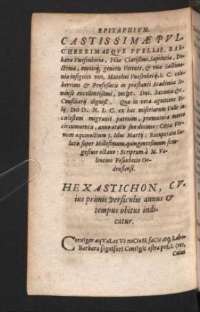 Epitaphium. Castissimae Pulcherrimaeque Puellae Barbarae Wesenbechiae...