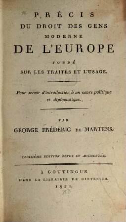 Précis du Droit des Gens moderne de l'Europe