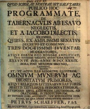 Programma de tabernaculis ab Esauo neglectis et a Jacobo dilectis