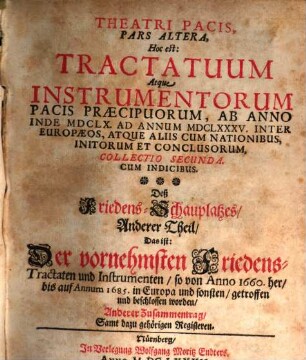 Theatrum Pacis, Hoc Est: Tractatuum Atque Instrumentorum Praecipuorum, Ab Anno Inde MDCXLVII. Ad MDCLX. Usque, In Europa Initorum Et Conclusorum Collectio : Accessit Index utilissimus, 2