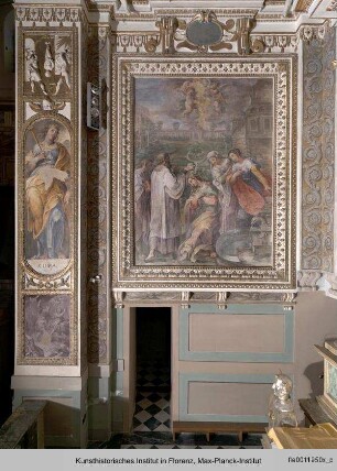 Freskenausmalung mit Heiliger Barbara und Heiligem Sebastian