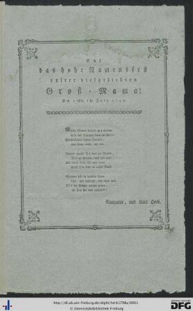 Auf das hohe Namensfest unsrer vielgeliebten Groß-Mama! : am 26sten im July, 1798